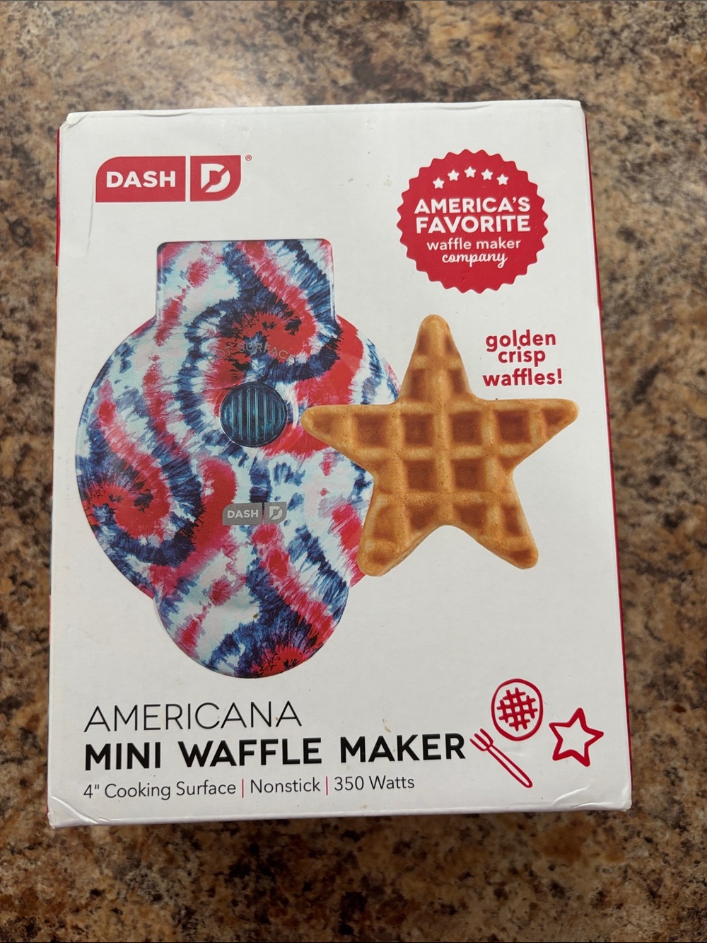 New in Box Dash Americana Mini Waffle Maker in Red, Blue, White Tie-Dye